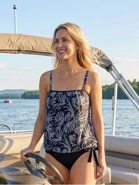 Island Escape Black & White Leaf Fern Tropical Tankini Top SZ 14